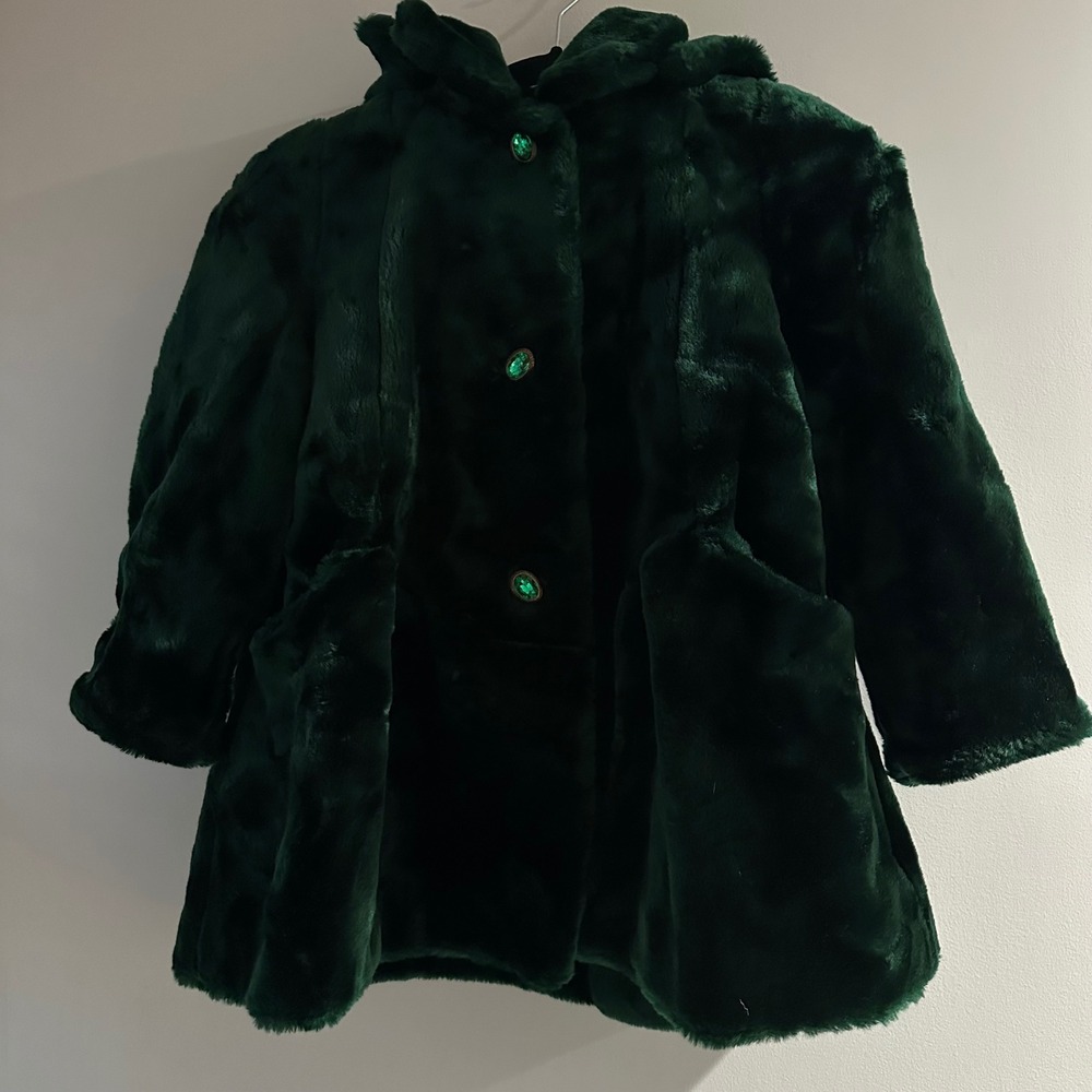 80s/90s Vintage Young Gallery Girls‎ Emerald Green Faux Fur Gem Button Coat Sz S